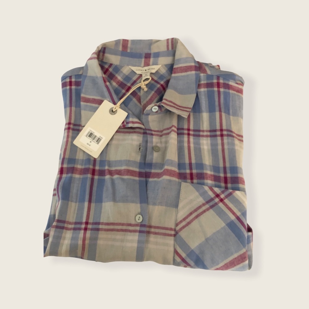 Lucky Brand Classic Plaid Short Sleeve Shirt M NWT - Picture 9 of 10
